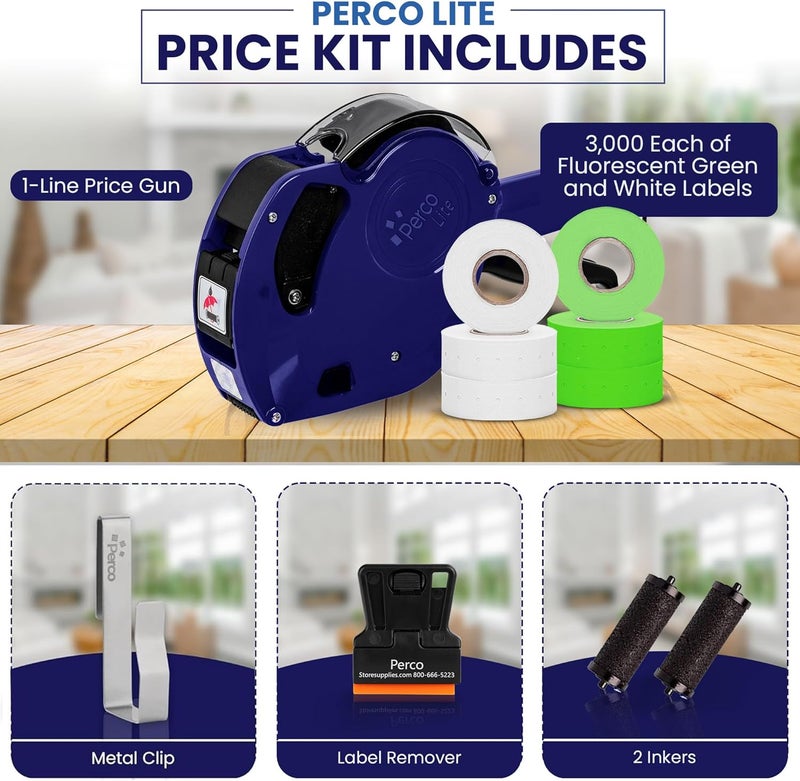 Perco Lite 1 Line Price Gun with Labels Kit - Includes 3 White Rolls, 3 Fluorescent Green Rolls, 2 Ink Rollers, 1 Ink roll and Labels Pre-Loaded - Image 2