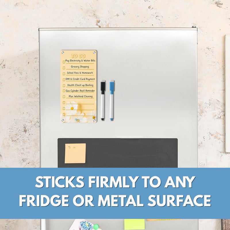 AVATAAR STUDIO Magnetic Acrylic Board for Fridge – 22x11 cm, 3mm Thick, Reusable Dry Erase Board with 2 Non-Toxic Pens – Grocery List, Planner, Kitchen Organizer (Yellow Daisy “to DO”) - Image 3