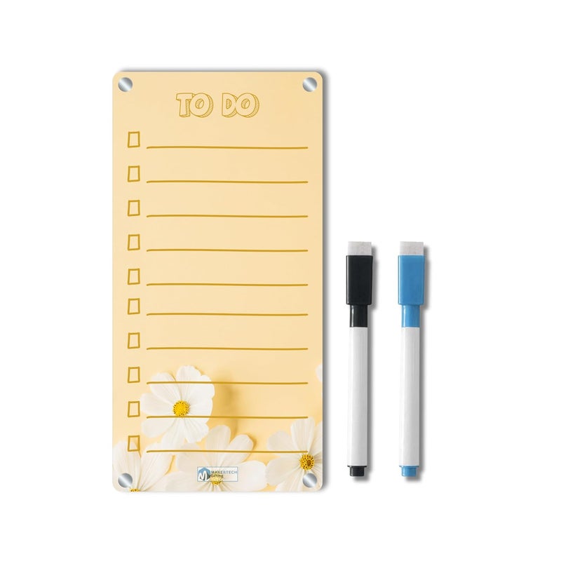AVATAAR STUDIO Magnetic Acrylic Board for Fridge – 22x11 cm, 3mm Thick, Reusable Dry Erase Board with 2 Non-Toxic Pens – Grocery List, Planner, Kitchen Organizer (Yellow Daisy “to DO”) - Image 1