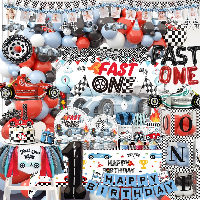 BEOXAGAR Fast One Birthday Decorations For Boys 1st Race Car Theme Party Decor Supplies for Baby Party Supplies include Photo Banner Highchair Banner Crown Balloon Boxes Backdrop Tableware Set - Image 1