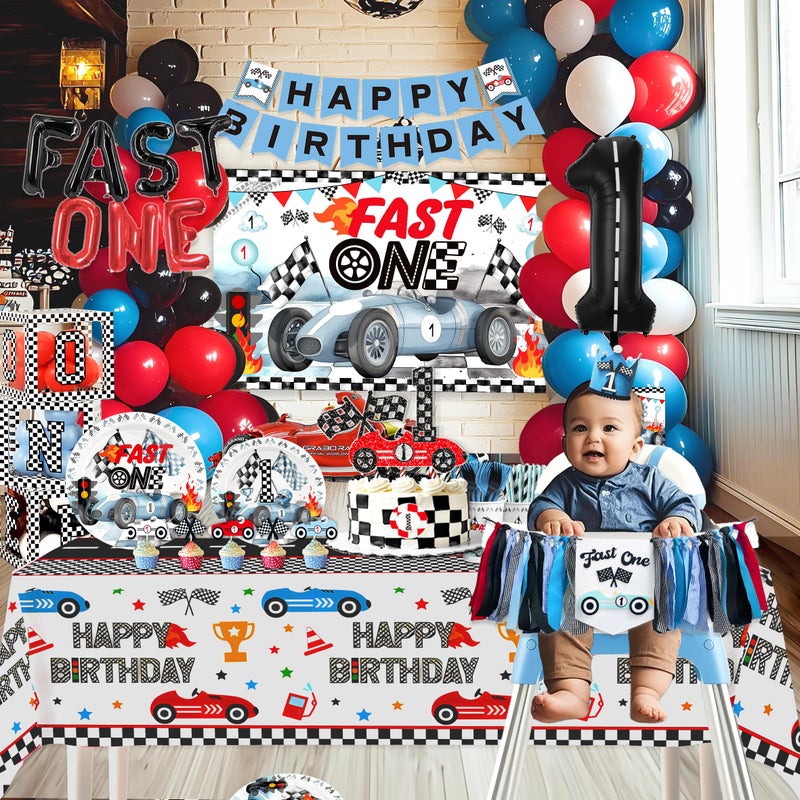 BEOXAGAR Fast One Birthday Decorations For Boys 1st Race Car Theme Party Decor Supplies for Baby Party Supplies include Photo Banner Highchair Banner Crown Balloon Boxes Backdrop Tableware Set - Image 2