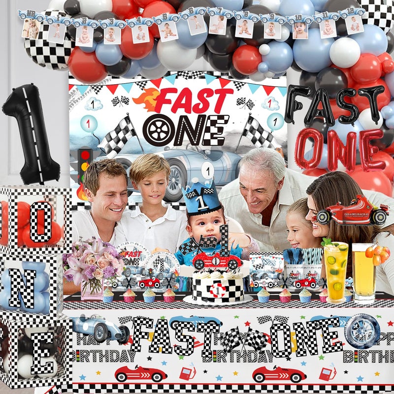 BEOXAGAR Fast One Birthday Decorations For Boys 1st Race Car Theme Party Decor Supplies for Baby Party Supplies include Photo Banner Highchair Banner Crown Balloon Boxes Backdrop Tableware Set - Image 5