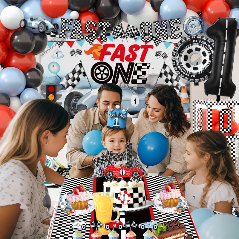 BEOXAGAR Fast One Birthday Decorations For Boys 1st Race Car Theme Party Decor Supplies for Baby Party Supplies include Photo Banner Highchair Banner Crown Balloon Boxes Backdrop Tableware Set - Image 3