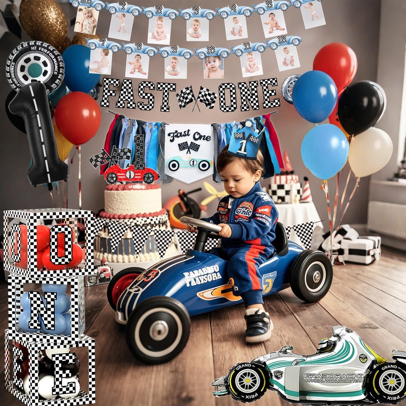 BEOXAGAR Fast One Birthday Decorations For Boys 1st Race Car Theme Party Decor Supplies for Baby Party Supplies include Photo Banner Highchair Banner Crown Balloon Boxes Backdrop Tableware Set - Image 4