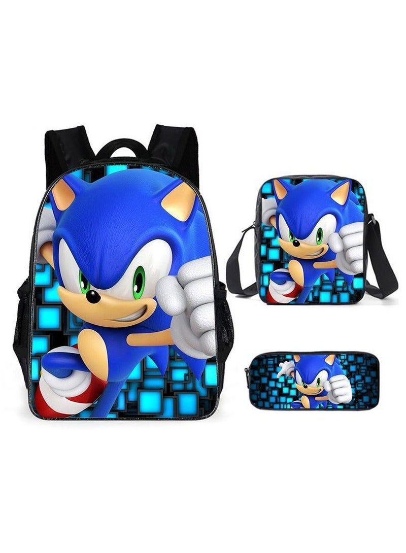 Sonic Primary School Backpack Cartoon Anime Backpack Messenger Bag Pencil Case Three-Piece Set 29*16*42cm
