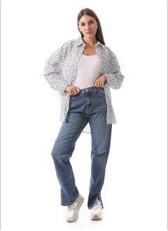Dotted Self Pattern Long Sleeves Shirt _ White & Navy Blue