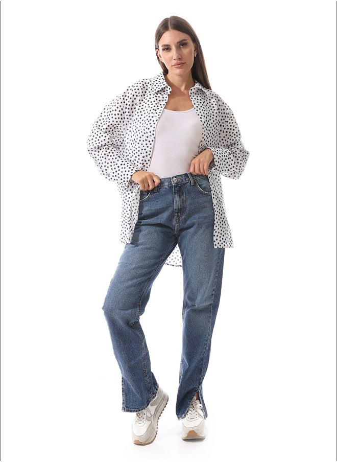 Andora - Dotted Self Pattern Long Sleeves Shirt _ White & Navy Blue - Image 1