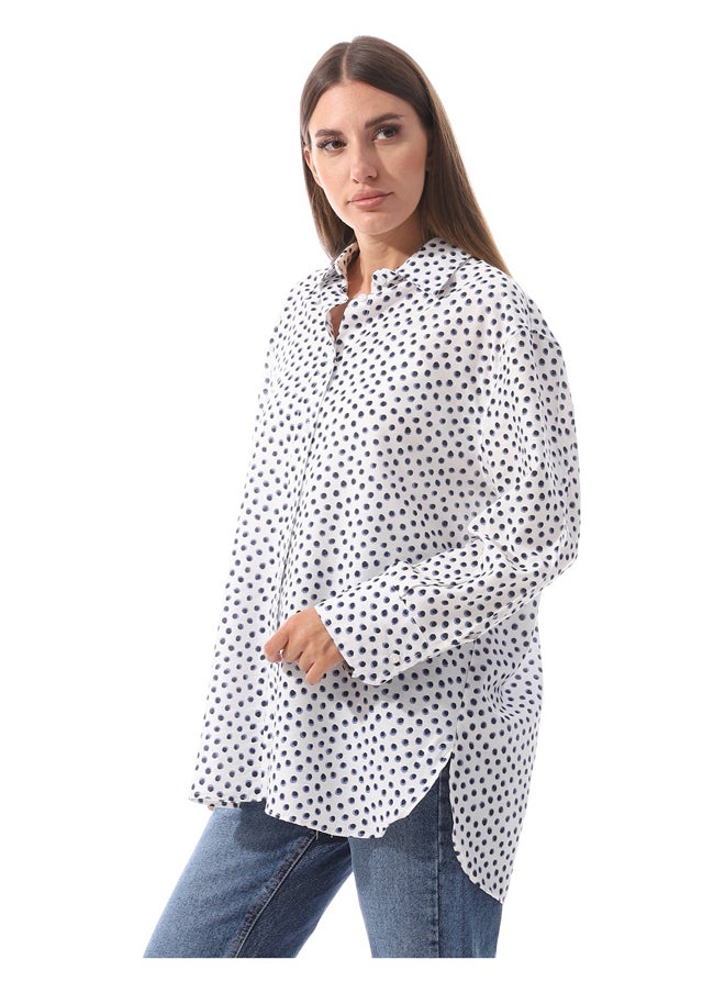 Andora - Dotted Self Pattern Long Sleeves Shirt _ White & Navy Blue - Image 1