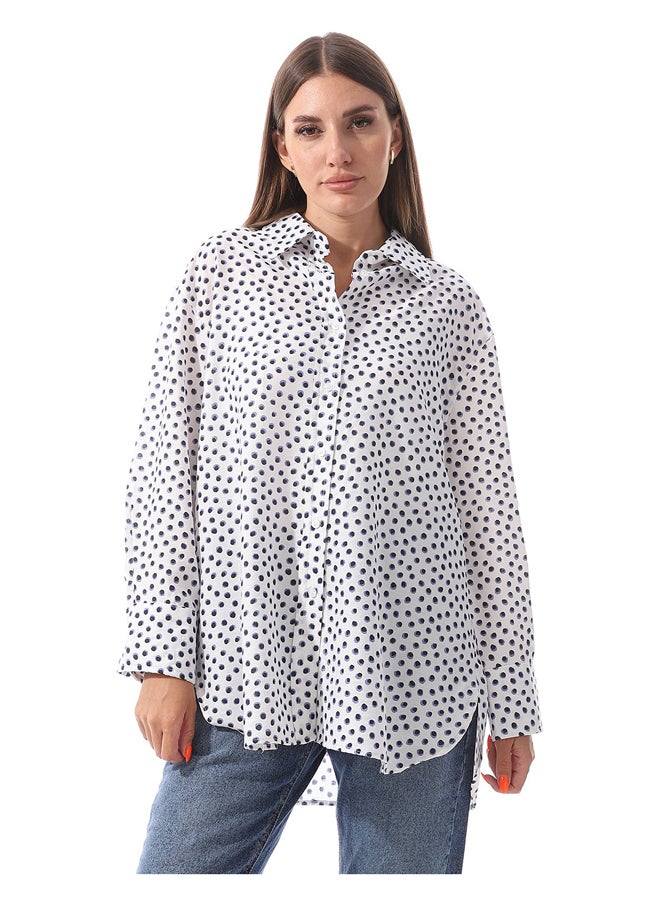 Andora - Dotted Self Pattern Long Sleeves Shirt _ White & Navy Blue - Image 1
