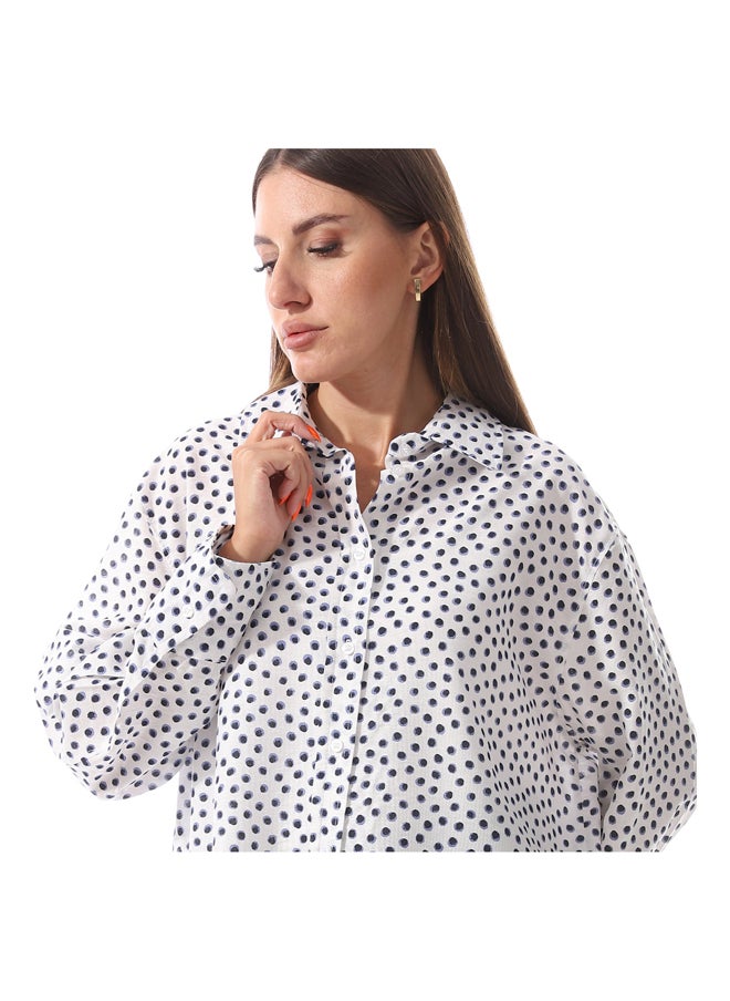 Andora - Dotted Self Pattern Long Sleeves Shirt _ White & Navy Blue - Image 1