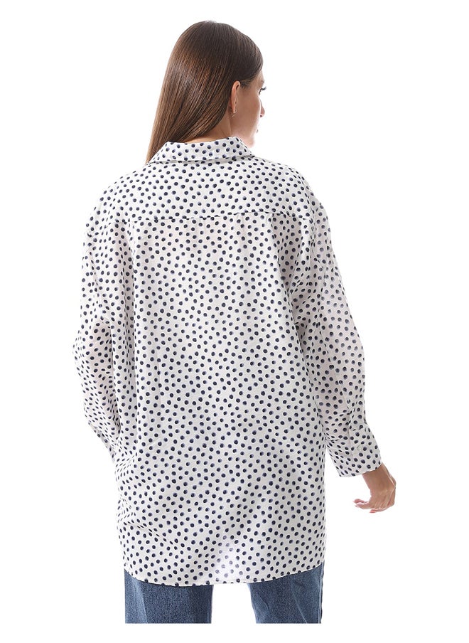 Andora - Dotted Self Pattern Long Sleeves Shirt _ White & Navy Blue - Image 1