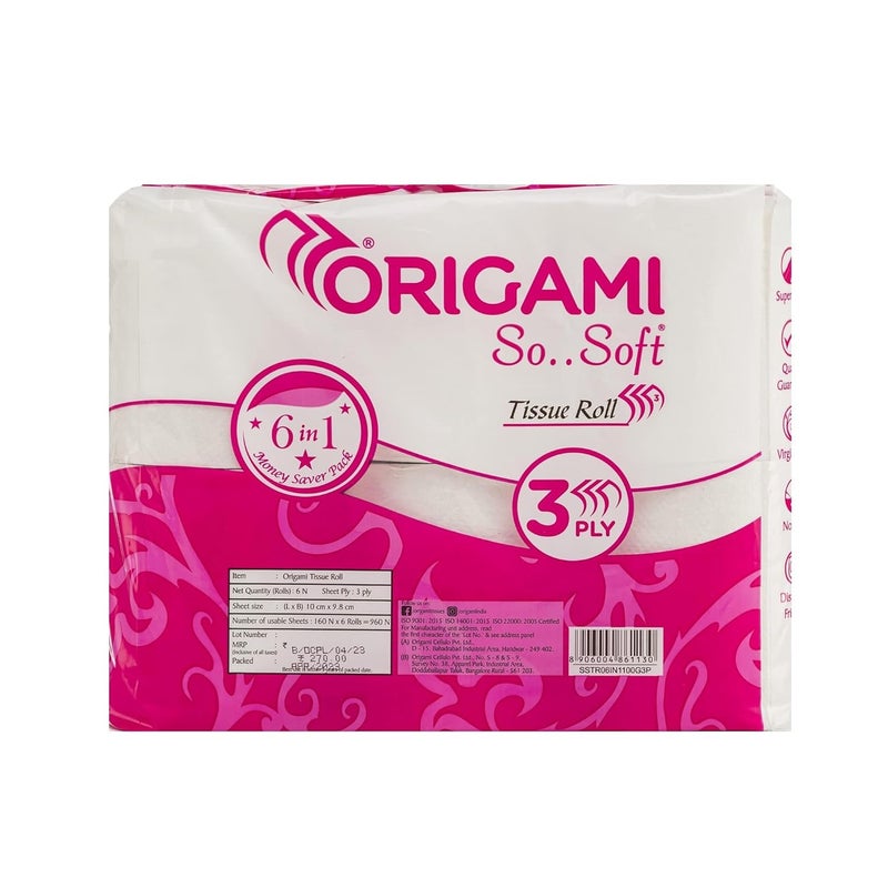 Origami 1 Ply Tissue Paper Napkins - Pack of 8 (100 Pulls Per Pack, 800 Sheets) & 3 Ply Toilet Tissue Paper Roll - Pack of 6 (160 Pulls Per Roll, 960 Sheets) - Image 2