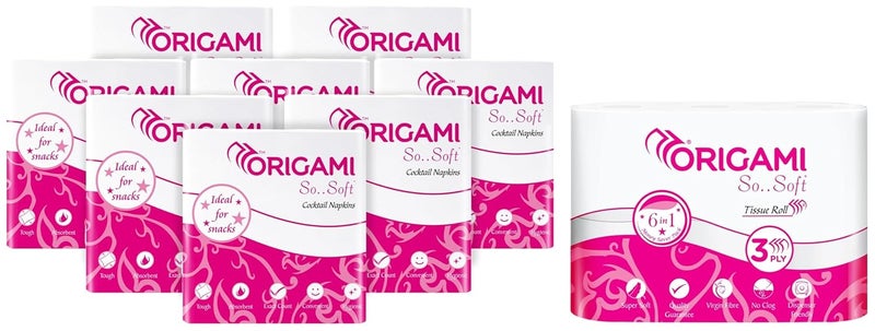 Origami 1 Ply Tissue Paper Napkins - Pack of 8 (100 Pulls Per Pack, 800 Sheets) & 3 Ply Toilet Tissue Paper Roll - Pack of 6 (160 Pulls Per Roll, 960 Sheets) - Image 1