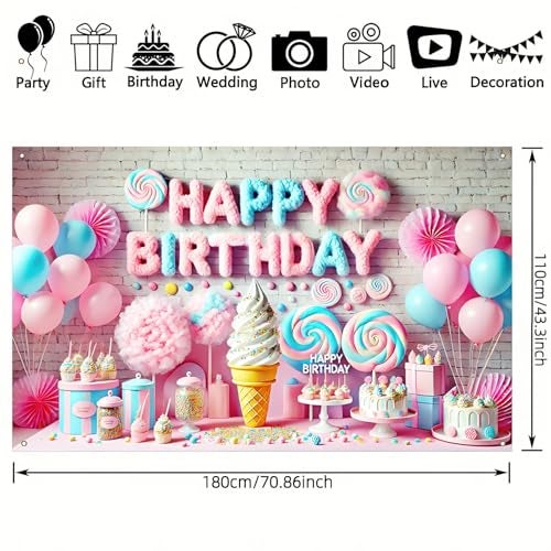 BlissYard Cotton Candy Birthday Banner 71x43 Inch Polyester Cotton Candy Backdrop Girl Sweet Donut Ice Cream Candy Theme Birthday Decoration - Image 5