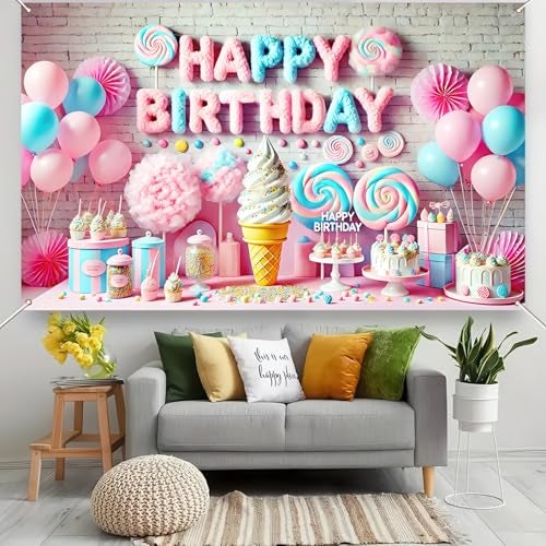 BlissYard Cotton Candy Birthday Banner 71x43 Inch Polyester Cotton Candy Backdrop Girl Sweet Donut Ice Cream Candy Theme Birthday Decoration - Image 4