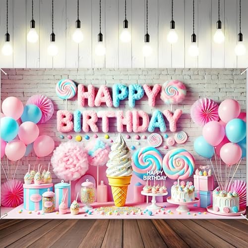 BlissYard Cotton Candy Birthday Banner 71x43 Inch Polyester Cotton Candy Backdrop Girl Sweet Donut Ice Cream Candy Theme Birthday Decoration - Image 2