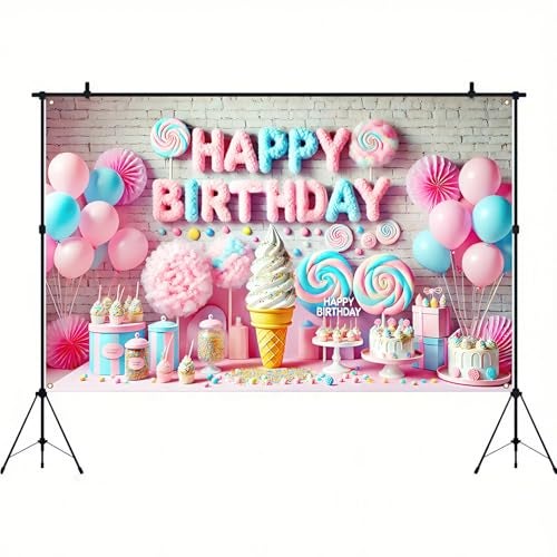 BlissYard Cotton Candy Birthday Banner 71x43 Inch Polyester Cotton Candy Backdrop Girl Sweet Donut Ice Cream Candy Theme Birthday Decoration - Image 1