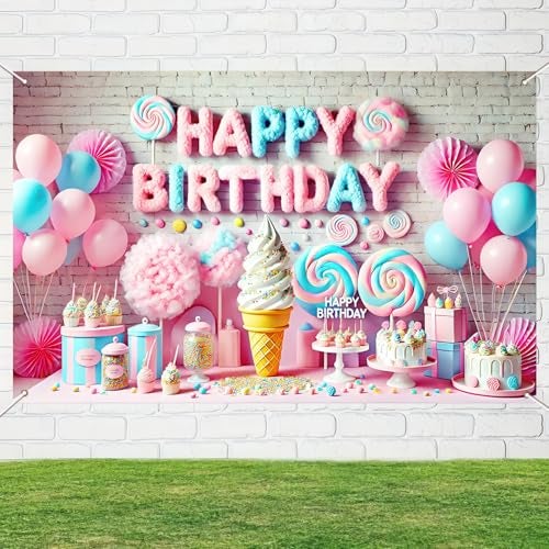 BlissYard Cotton Candy Birthday Banner 71x43 Inch Polyester Cotton Candy Backdrop Girl Sweet Donut Ice Cream Candy Theme Birthday Decoration - Image 3