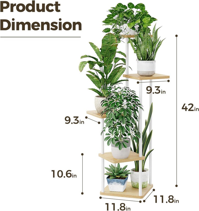 Bamworld White Plant Stand Indoor 5 Tier Plant Shelf for Multiple Plants Corner Flower Stand Metal Wood Plant Table for Patio Garden Balcony Living Room Bedroom - Image 4