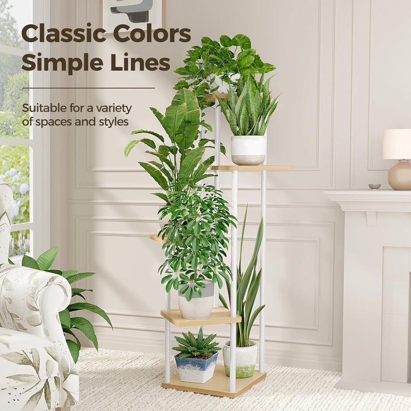 Bamworld White Plant Stand Indoor 5 Tier Plant Shelf for Multiple Plants Corner Flower Stand Metal Wood Plant Table for Patio Garden Balcony Living Room Bedroom - Image 2