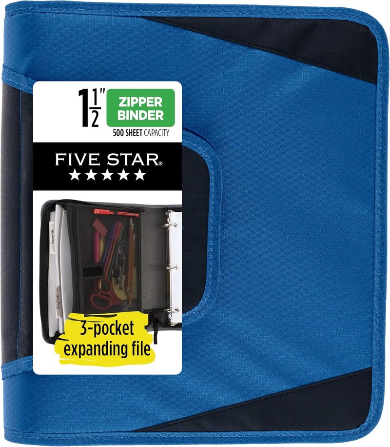 Five Star Zipper Binder, 1-1/2 Inch 3-Ring Binder with Round Rings, 3-Pocket Expanding File, 500 Sheet Capacity, Blue (72202) - Image 1