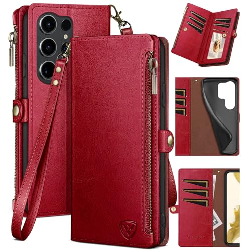 XcaseBar Compatible with Samsung Galaxy S25 Ultra Wallet case with Zipper Credit Card Holder【RFID Blocking】,Flip Folio Book PU Leather Phone case Shockproof Cover Women Men for S25 Ultra case Red - Image 1