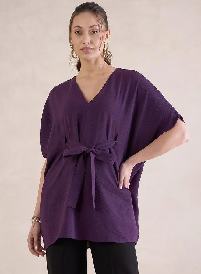 Femmella Femmella Solid V-Neck Tie Up Kimono Top