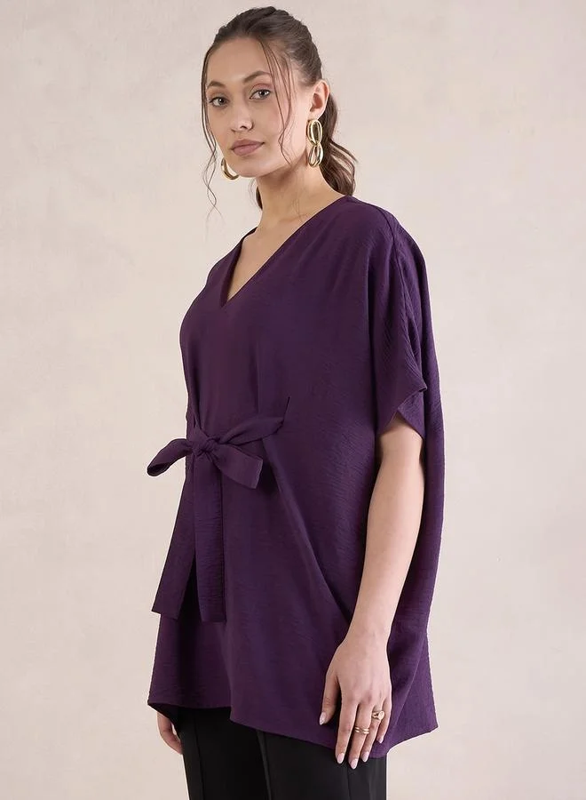 Femmella Femmella Solid V-Neck Tie Up Kimono Top
