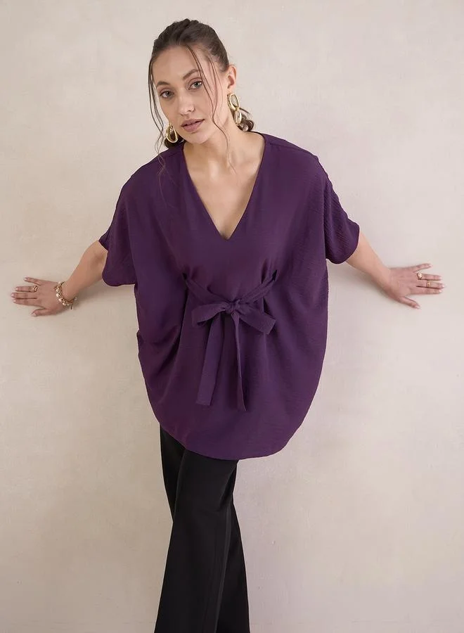 Femmella Femmella Solid V-Neck Tie Up Kimono Top