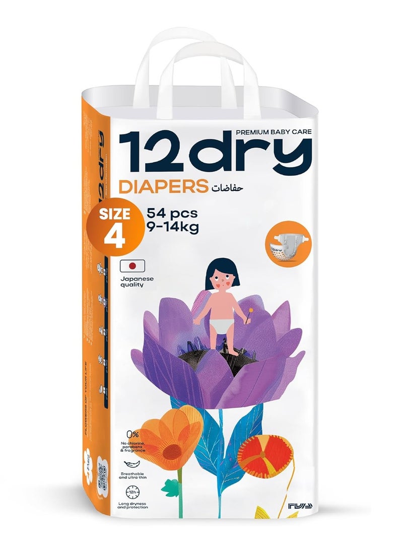 12dry Diaper Premium Baby Care (Size 4, 9-14 kg, 54 count) 100% Ultra-Absorbent Japanese Tech, Dual-Layer, Thin & Breathable, Eco-Friendly, Hypoallergenic, Soft Elastic Waistband for Active Babies  - Image 1