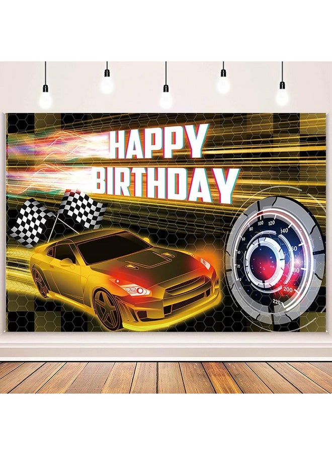 MEHOFOND 8X6Ft Car Racing Happy Birthday Backdrop Gold Racing Party Photo Background For Boys Cars Party Decorations Car Banner Gold Race Car Birthday Party Supplies Party Decor  - Image 2