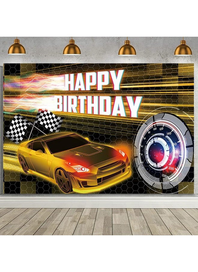 MEHOFOND 8X6Ft Car Racing Happy Birthday Backdrop Gold Racing Party Photo Background For Boys Cars Party Decorations Car Banner Gold Race Car Birthday Party Supplies Party Decor  - Image 1