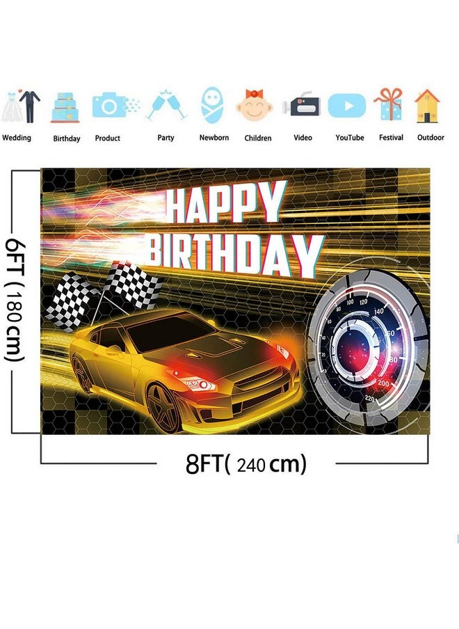 MEHOFOND 8X6Ft Car Racing Happy Birthday Backdrop Gold Racing Party Photo Background For Boys Cars Party Decorations Car Banner Gold Race Car Birthday Party Supplies Party Decor  - Image 4