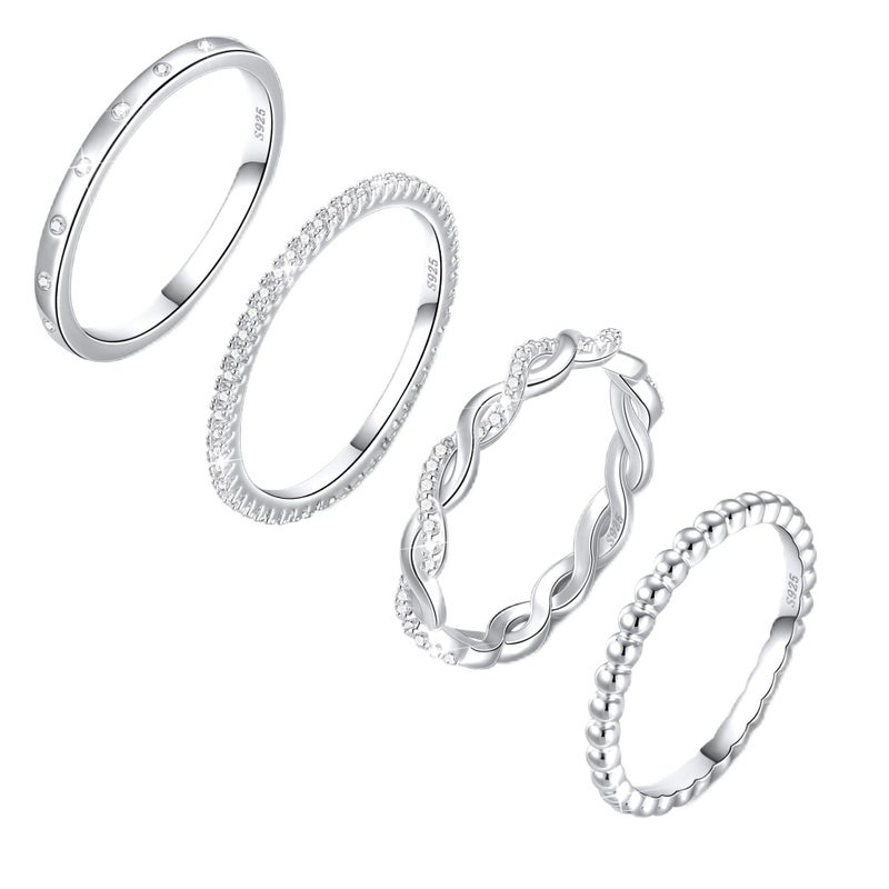 Diorra Silver Ring for Women, 4PCS Thin Sterling Silver Stackable Rings Set Cubic Zirconia Engagement Statement Wedding Bands for Women Size 5-10 - Image 1