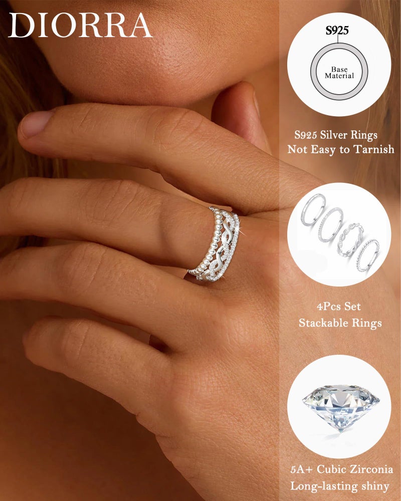 Diorra Silver Ring for Women, 4PCS Thin Sterling Silver Stackable Rings Set Cubic Zirconia Engagement Statement Wedding Bands for Women Size 5-10 - Image 3