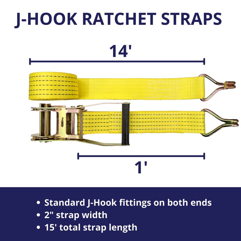 Cargo Control Ratchet Tie Down Straps, 2 in x 15 ft, 5,000 lb Breaking Strength, J-Hook, 6-Pack - Image 2