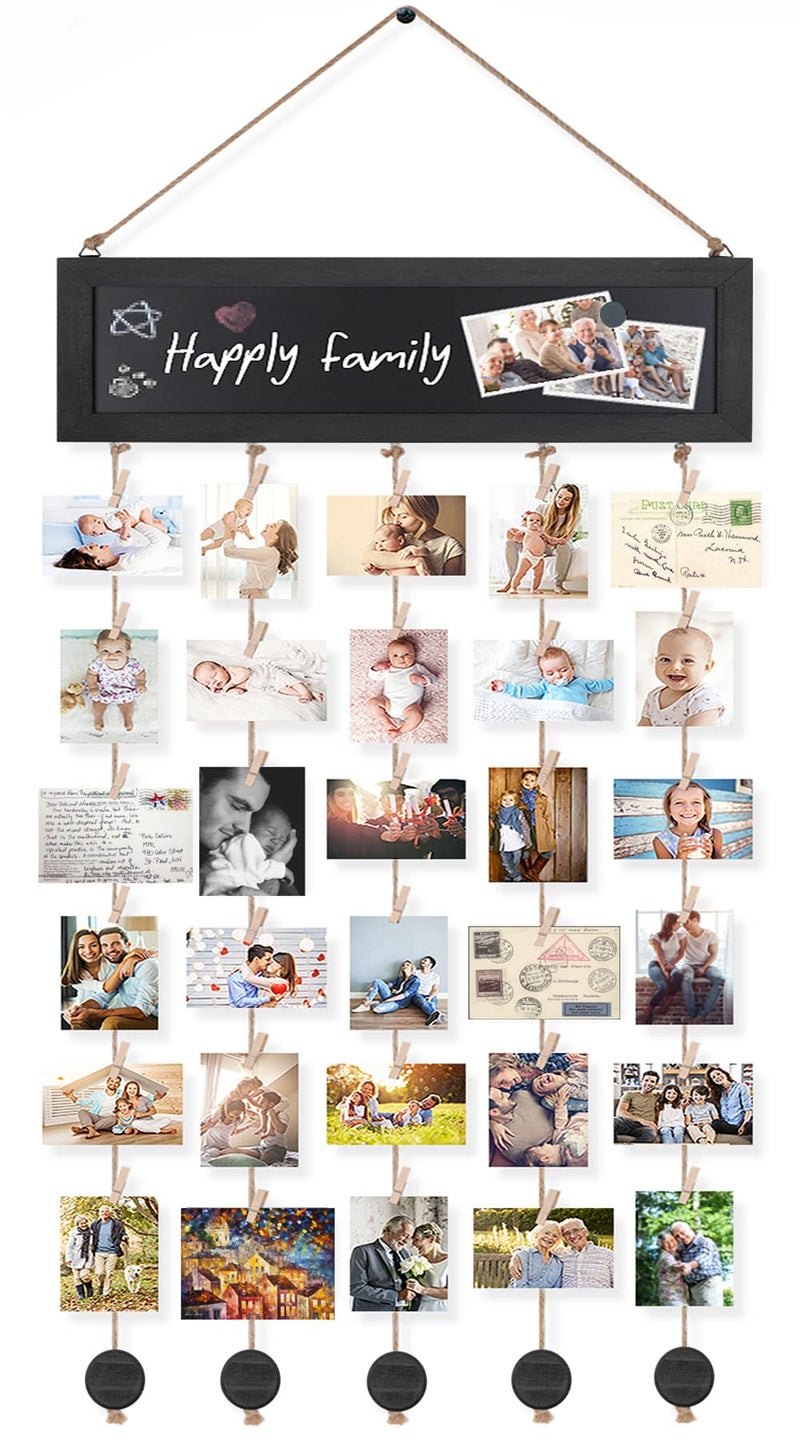 Bikoney Picture Frames Collage Wall Decor Photo Hanging Display Picture Board Wood Rustic Frames for Home Dorm Room Decor with Blackboard and 30 Clips Vintage Black - Image 1