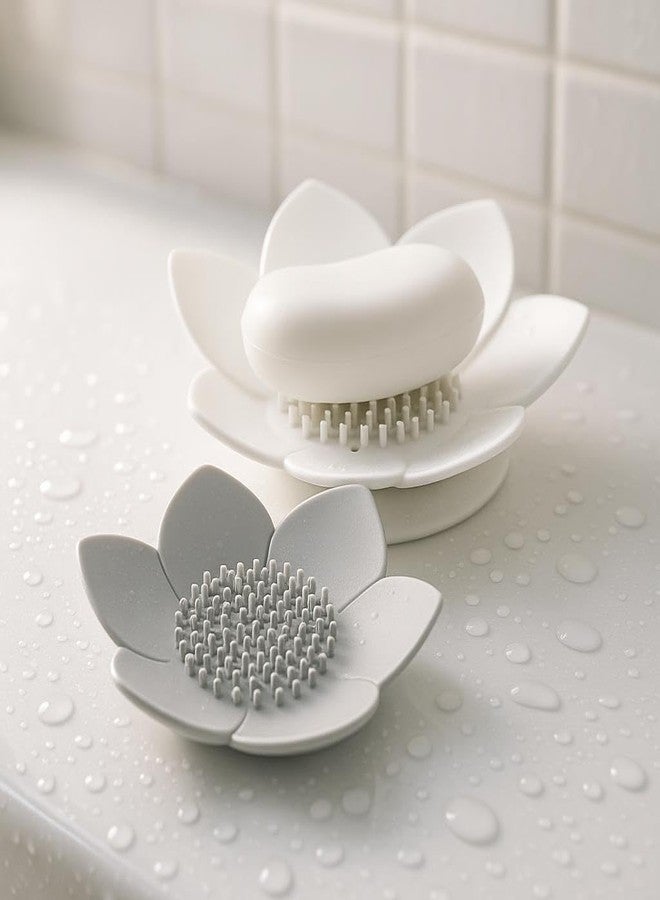 Notoke 2 Pack Lotus Shower Steamer Trays, Silicone Soap Holder with Self Draining - Elegant White & Gray Lotus Flower Shape Soap Dish, Perfect for Bathroom Counter, Kitchen Sink, Shower Organizer - Image 1