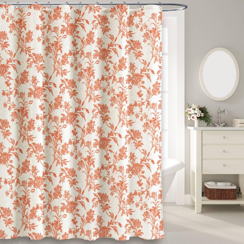 WOUVMA Orange Shower Curtain Floral Cotton Linen Cottagecore Shower Curtain for Bathroom 72"" W x 72"" L - Image 1