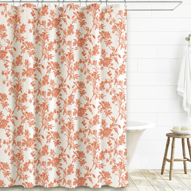 WOUVMA Orange Shower Curtain Floral Cotton Linen Cottagecore Shower Curtain for Bathroom 72"" W x 72"" L - Image 4