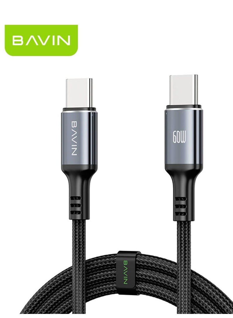 Bavin CB-335 Type C to Type C Charging Cable 60W Nylon Braided Compatible with All Type C Devices 1 Meter Length Black - Image 1