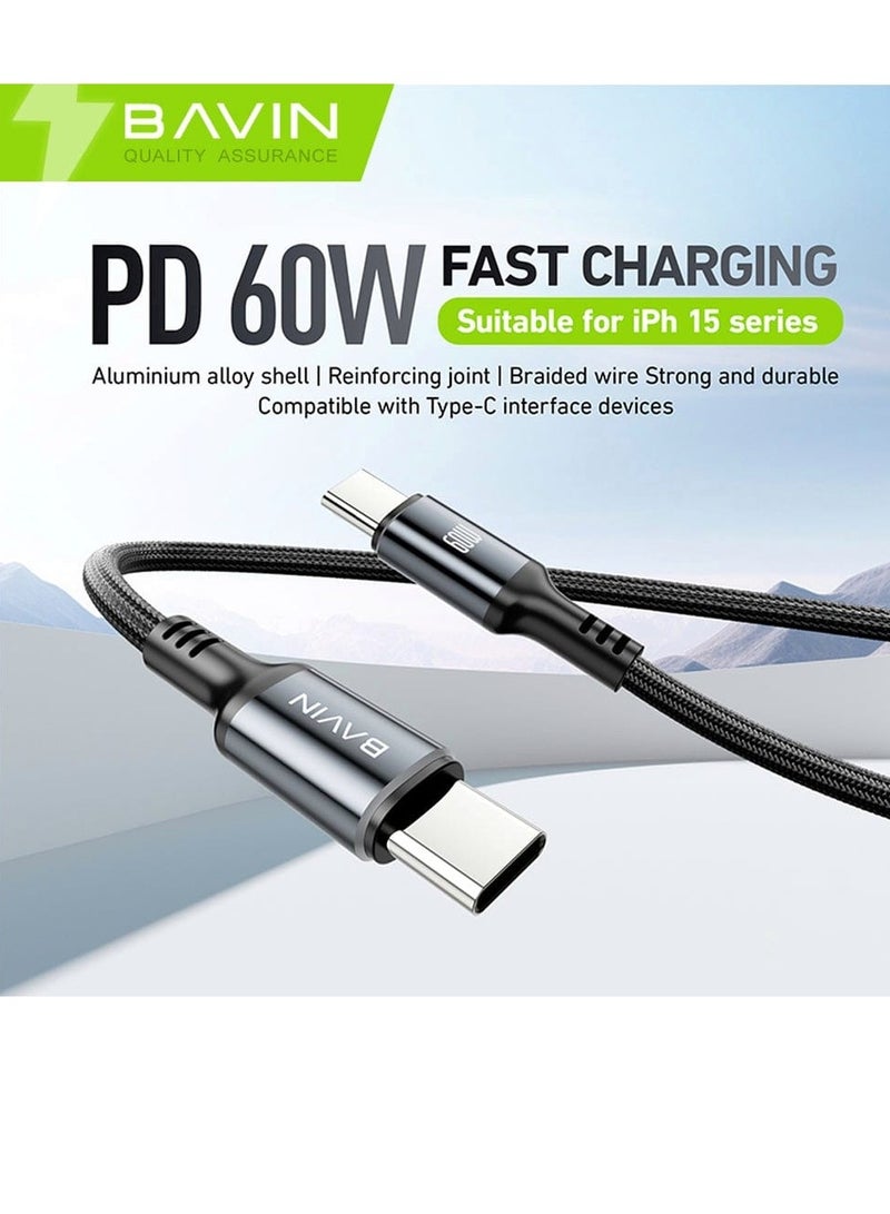 Bavin CB-335 Type C to Type C Charging Cable 60W Nylon Braided Compatible with All Type C Devices 1 Meter Length Black - Image 2