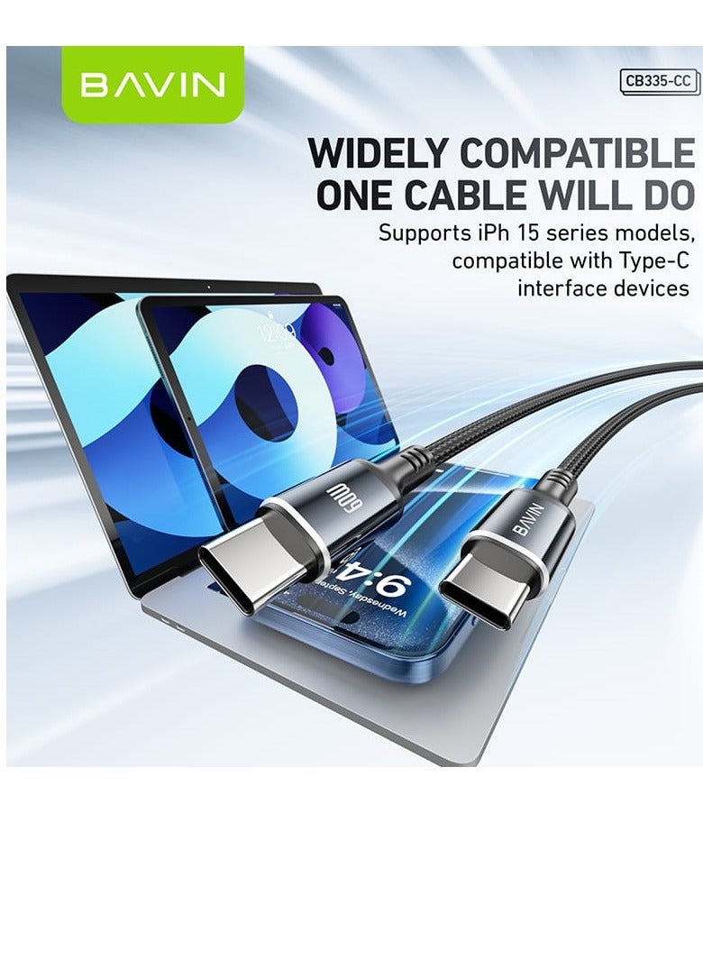 Bavin CB-335 Type C to Type C Charging Cable 60W Nylon Braided Compatible with All Type C Devices 1 Meter Length Black - Image 3