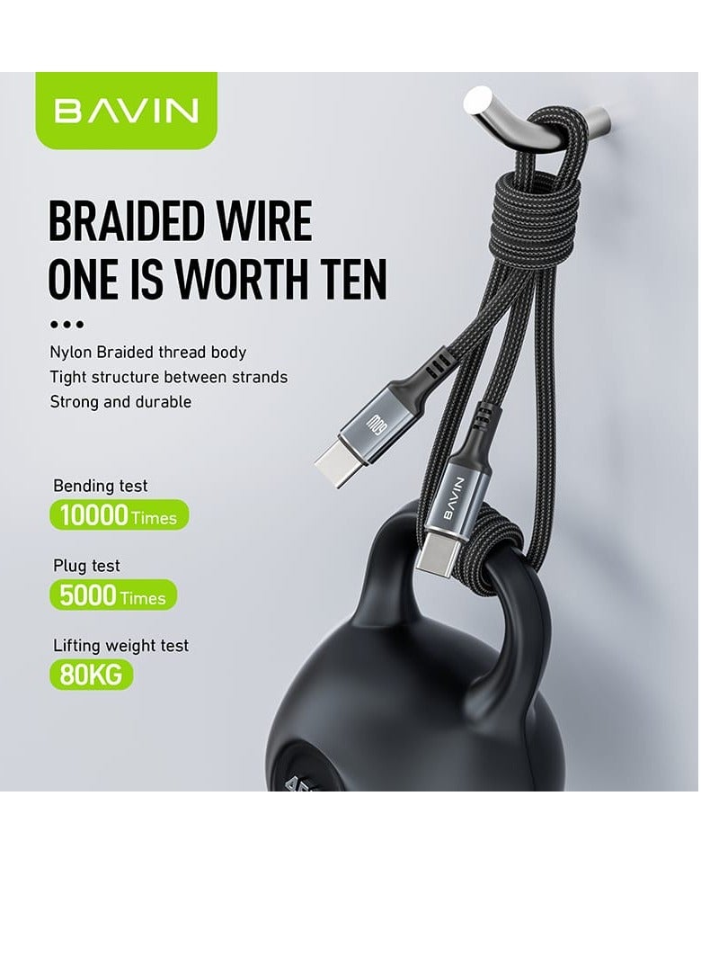 Bavin CB-335 Type C to Type C Charging Cable 60W Nylon Braided Compatible with All Type C Devices 1 Meter Length Black - Image 4