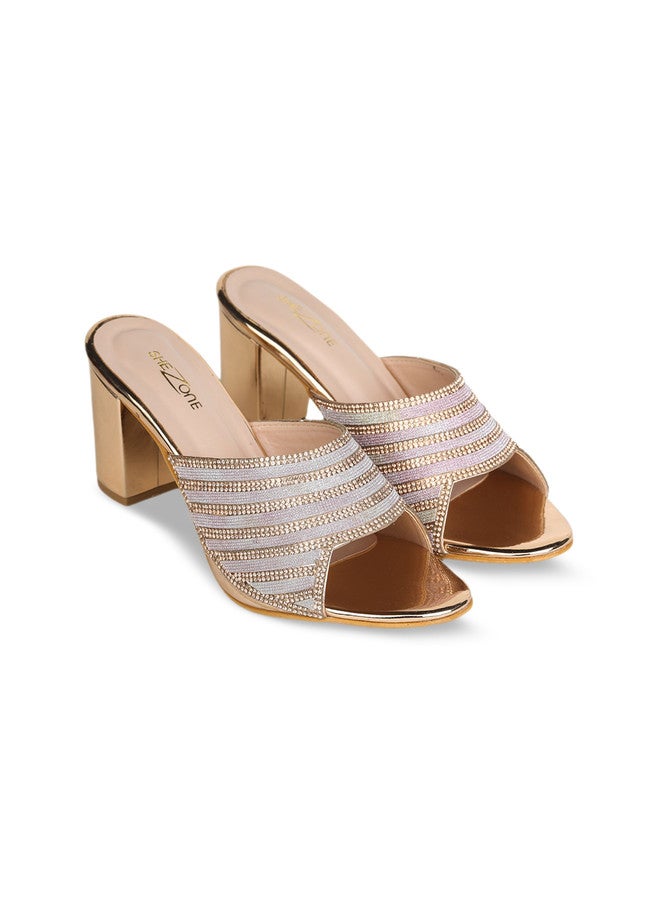 She Zone Rose Gold Embellished Block Heels for Women - Image 2
