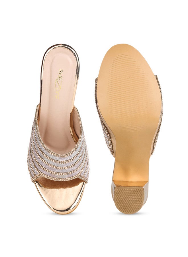 She Zone Rose Gold Embellished Block Heels for Women - Image 5