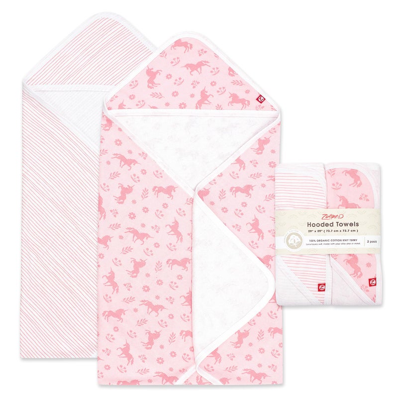 Zutano Hooded Baby Towels, Organic Cotton Baby Bath Towel, Ultra Soft and Absorbent Baby Towel for Newborn and Infant | Girl, Boy, and Unisex Towel Set, Unicorn Meadows, 2-Pack - Image 1