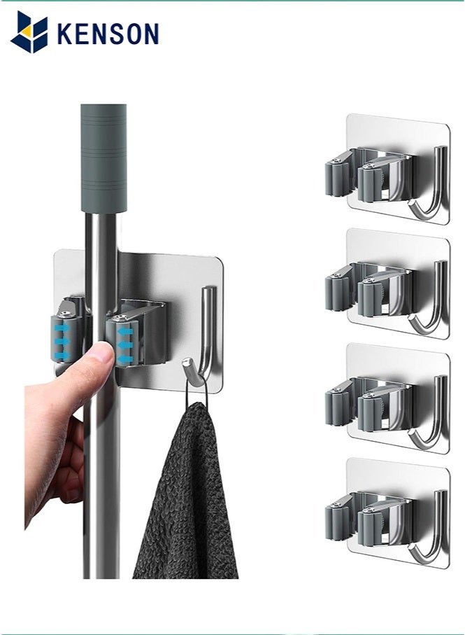 KENSON Mop Holder for Kitchen, Home Garage and Laundry, Mop Holder with Wall Mount, Multipurpose Mop and Broom Holder Organizer (Pack of 4) - Silver - Image 1