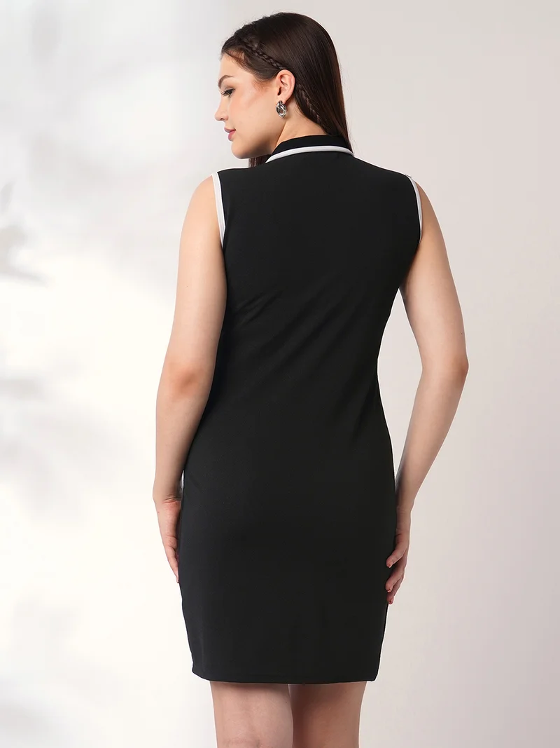 globus Women Black Collared Neck Front Zip Pocket Detail Solid Mini Bodycon Dress