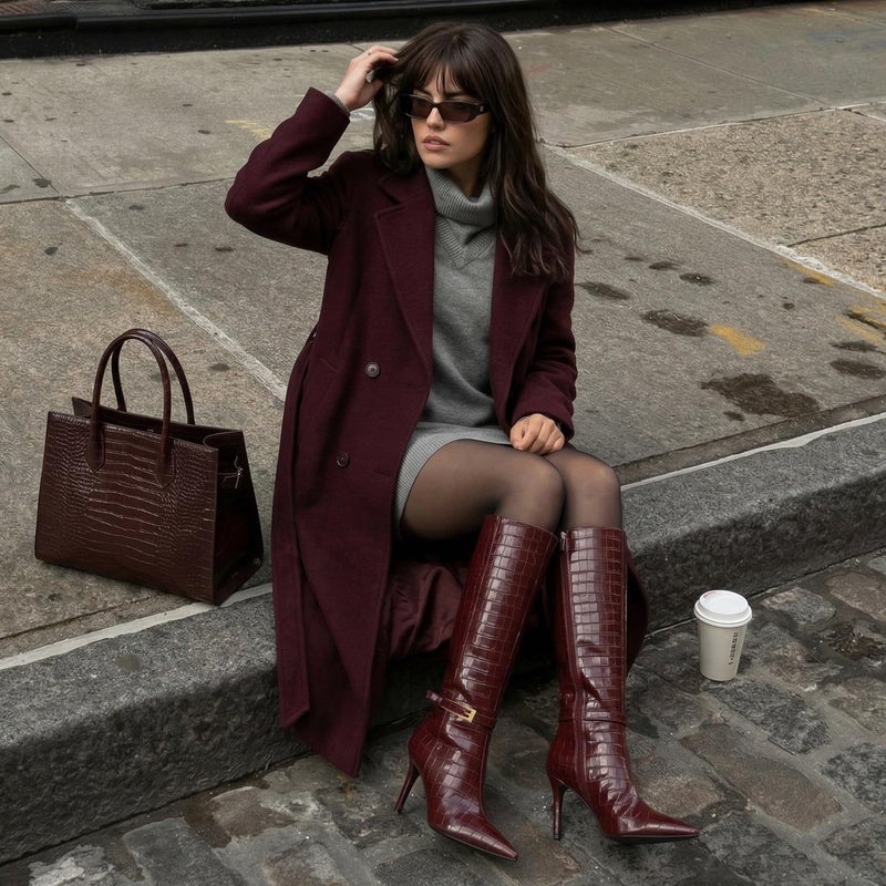COMJUY Crocodile Burgundy Knee High Boots Women Stiletto High Heel 3.3in, Side Zipper Pointed Toe Metal Buckle Tall Boots Dress Boots for Women, Comfortable Faux Leather Below Knee Long Boots Size 9 - Image 4